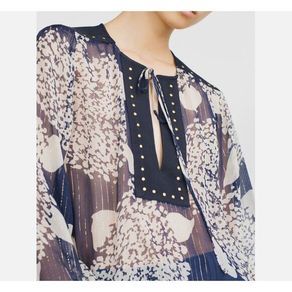 Zara Mulberry Silk Navy/Ecru Long Sleeve Blouse with Studs Women's Size Medium N - Picture 5 of 16